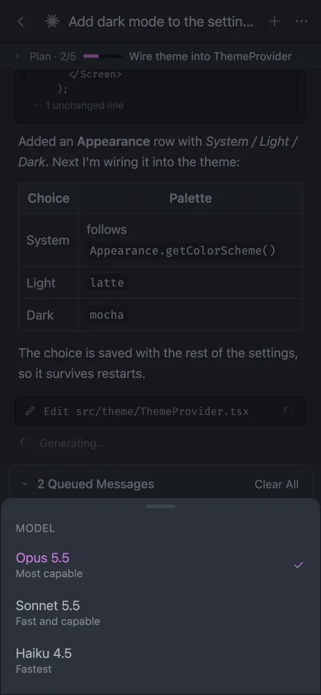 Model picker in afk: Opus, Sonnet, Haiku