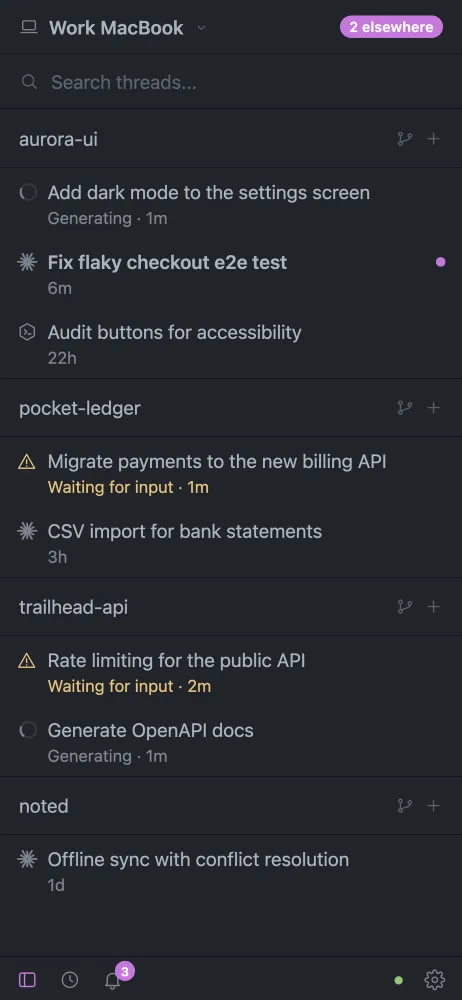 afk sidebar: projects with working, waiting and unread threads