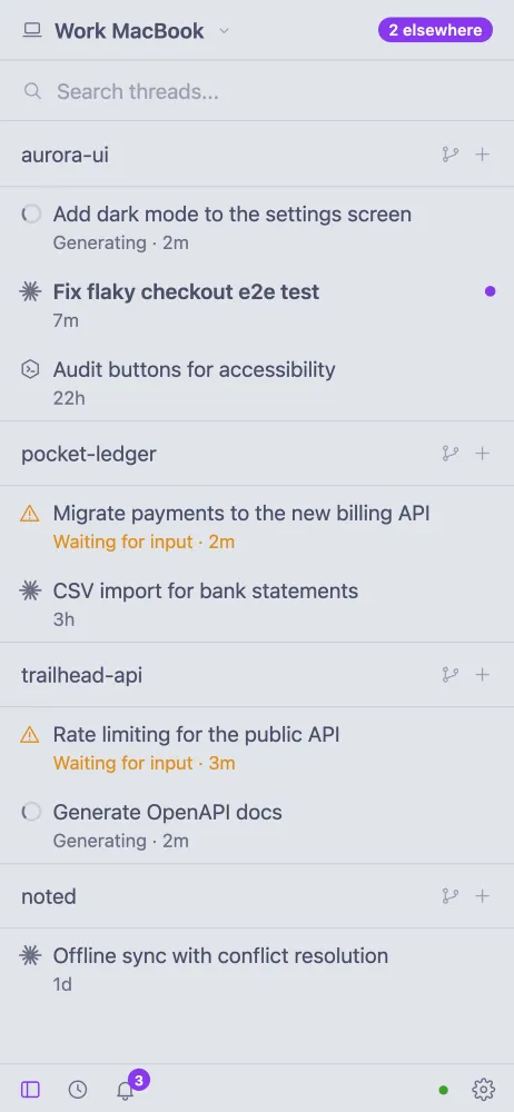 afk sidebar: projects with working, waiting and unread threads