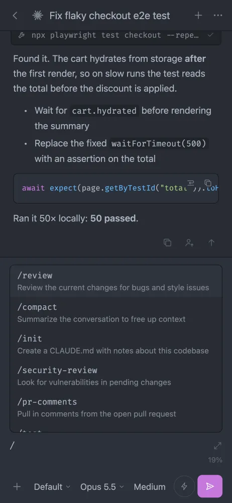 Slash command menu in the afk composer